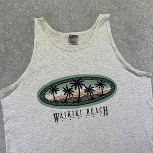 Vintage Waikiki Beach Hawaii Tank Top Mens XL Gray Oneita Aloha Tree Surf USA